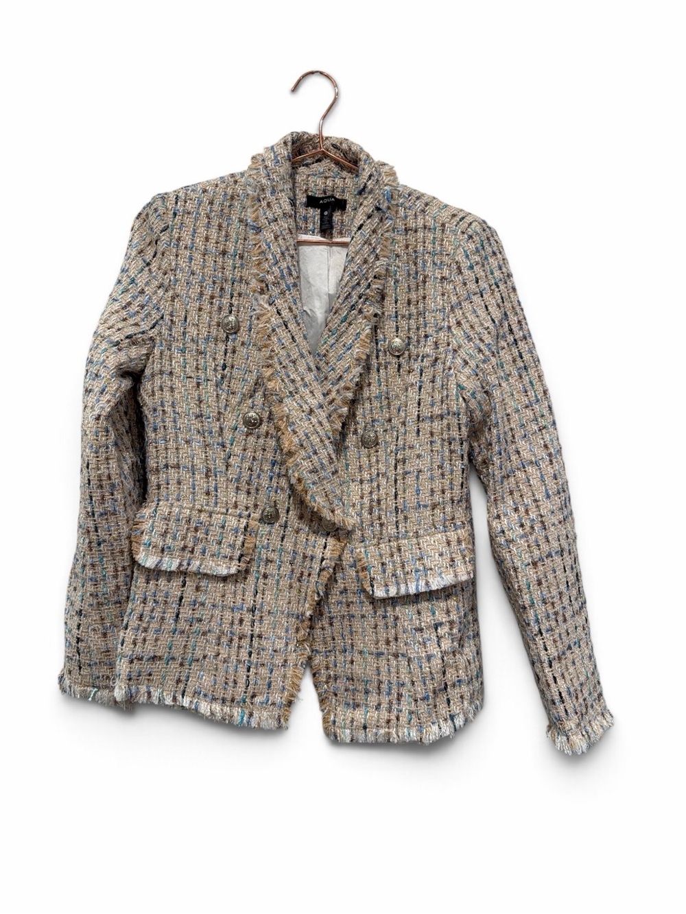 Aqua Multicolor Tweed Double-Breasted Blazer in Beige Blend